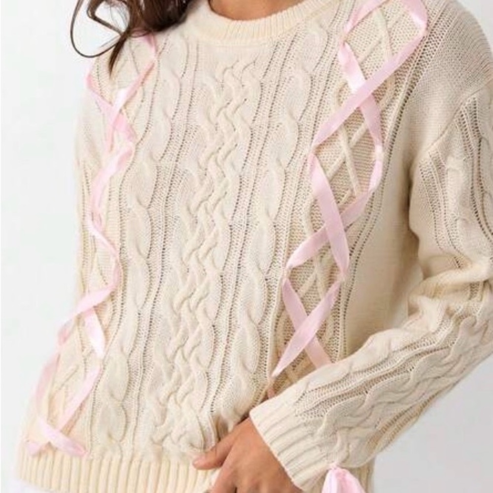 Francesca's Collections Cream Cable Knit Sweater with Pink Ribbon Trim